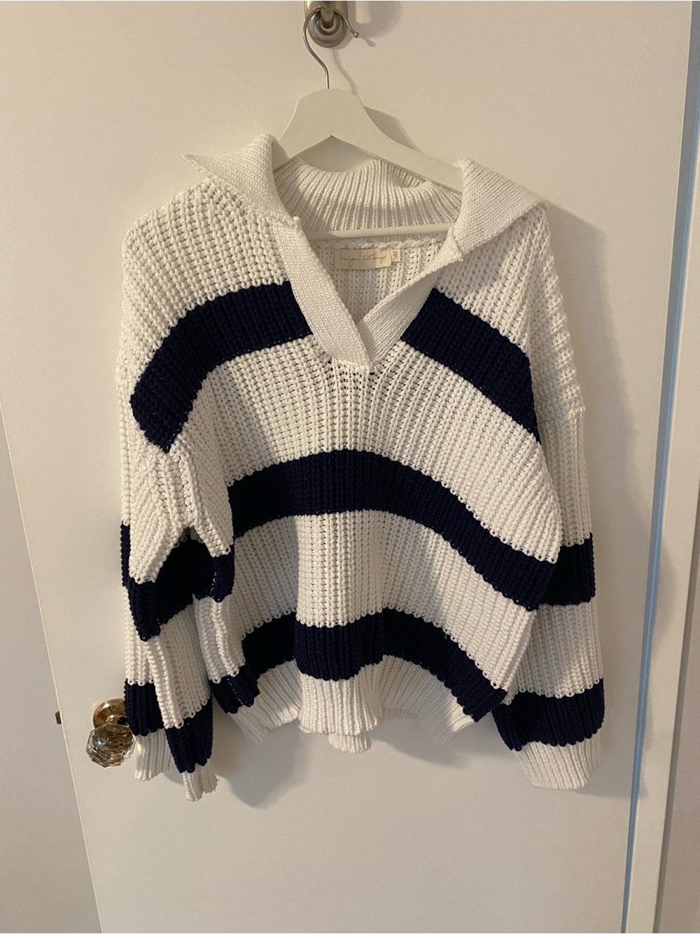 Chunky Striped Cowl Sweater - White & Navy